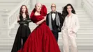 Four actors from the movie The Devil Wears Prada—Emily Blunt, Meryl Streep, Stanley Tucci, and Anne Hathaway—pose together in high-fashion black, red, and white outfits on a grand marble staircase.