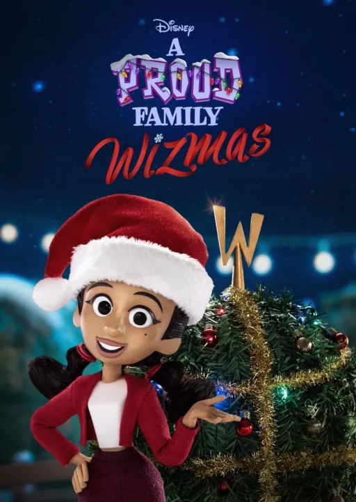 Disney A Proud Family Wizmas artwork featuring a character in a Santa hat beside a decorated Christmas tree with colorful lights and ornaments.