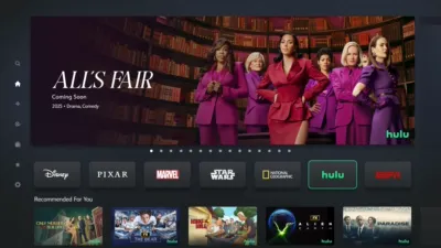 Image of the Disney+ user interface featuring promotional art for All's Fair, The Bear and more