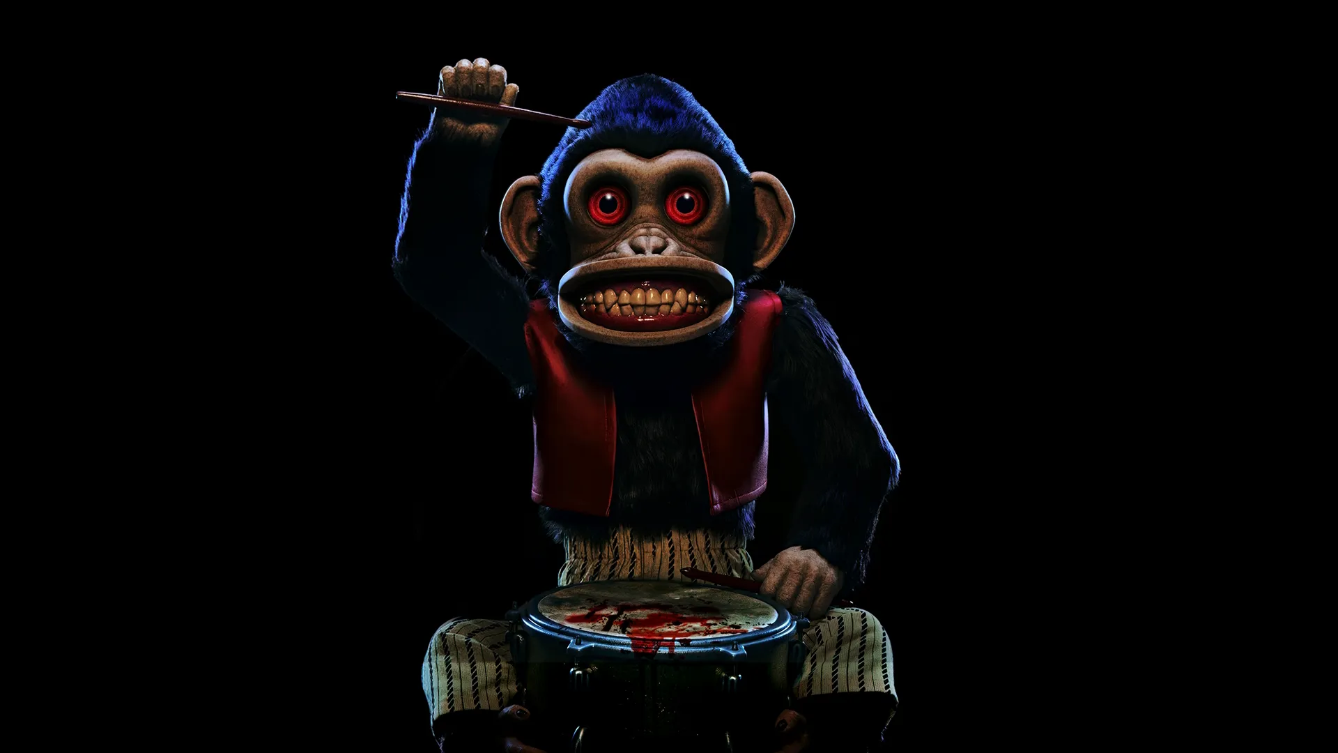 A creepy, cymbal-banging monkey is a classic childhood toy which takes a terrifying turn in The Monkey.