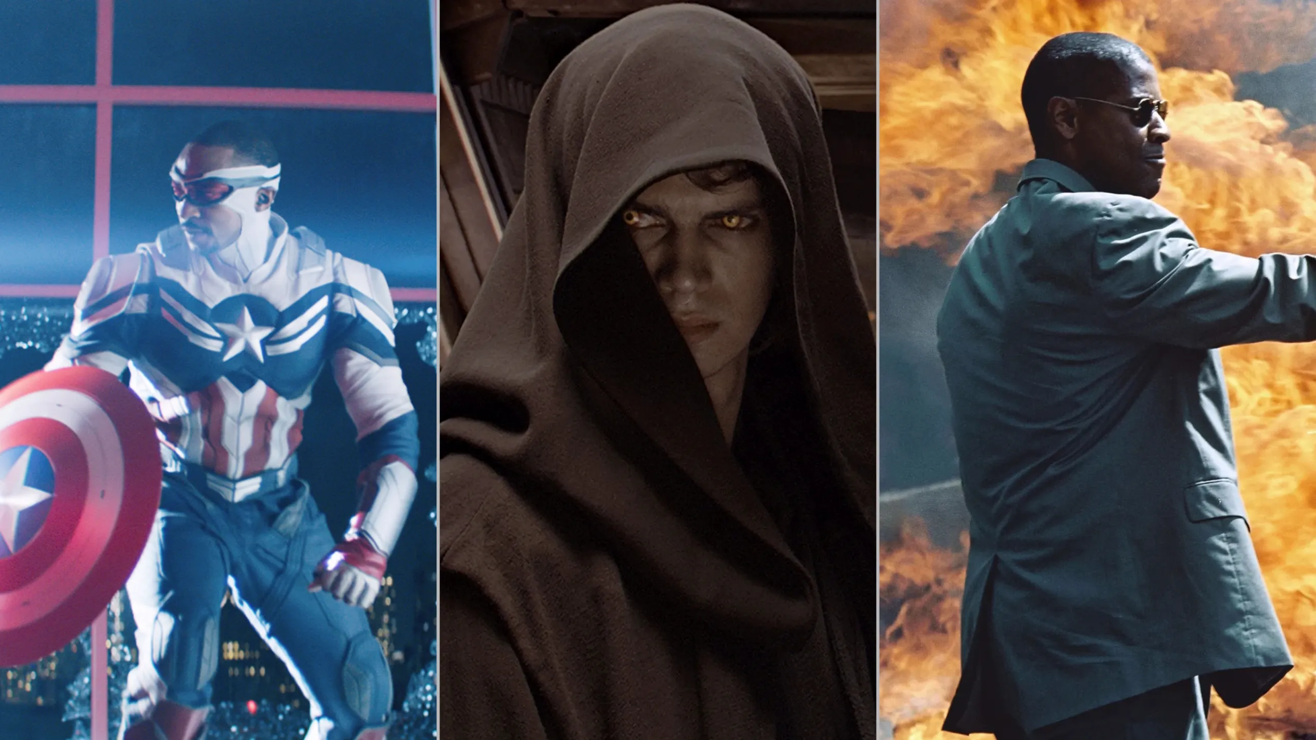 Images from titles (The Falcon and the Winter Soldier, Revenge of the Sith and Man on Fire) which feature in the article.