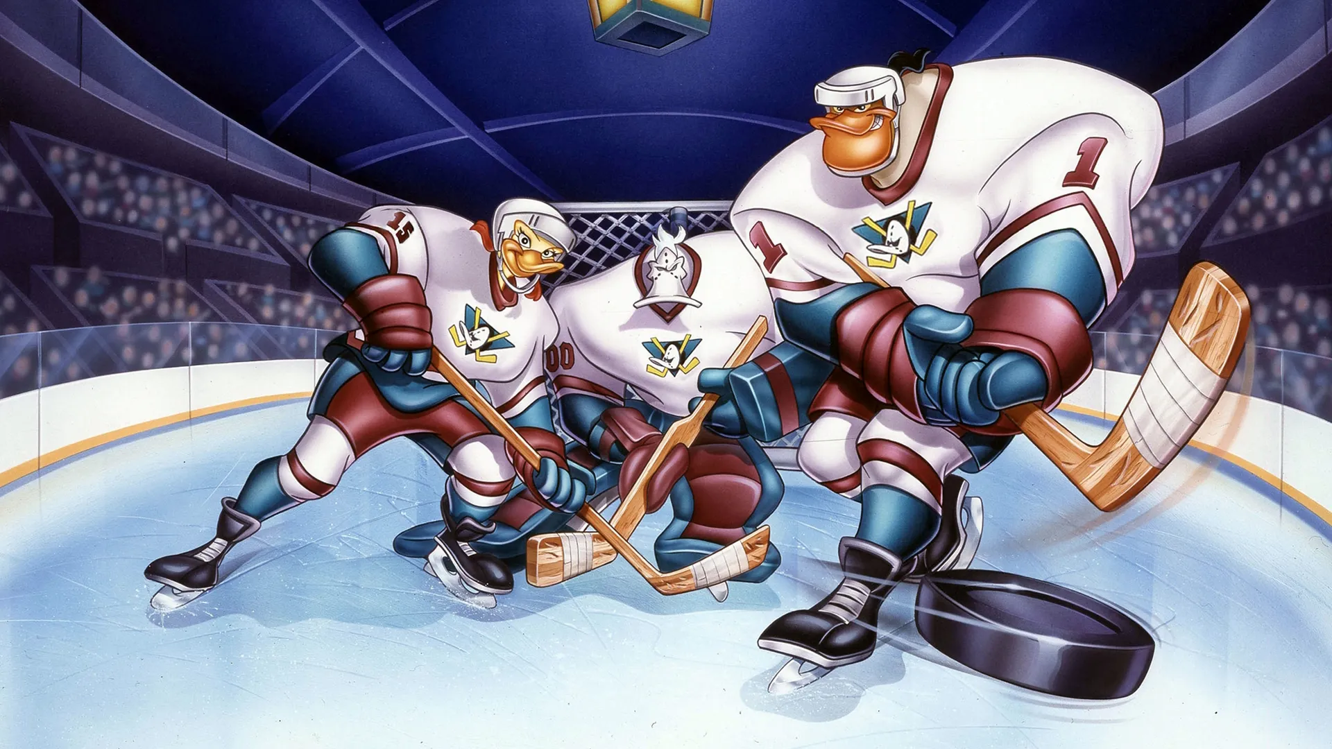 A trio of Mighty Ducks hockey players on a hockey rink, with one hitting a puck towards the viewer