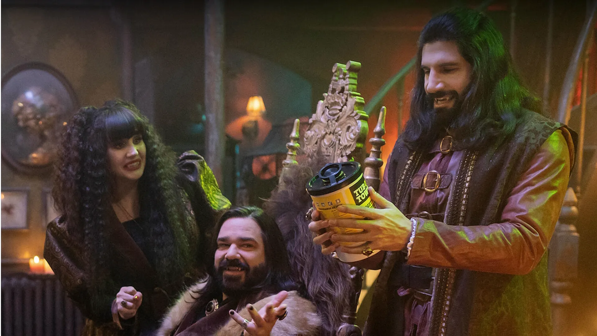Nadja (Natasia Demetriou), Laszlo Cravensworth (Matt Berry), and Nandor the Relentless (Kayvan Novak) in FX’s What We Do in the Shadows
