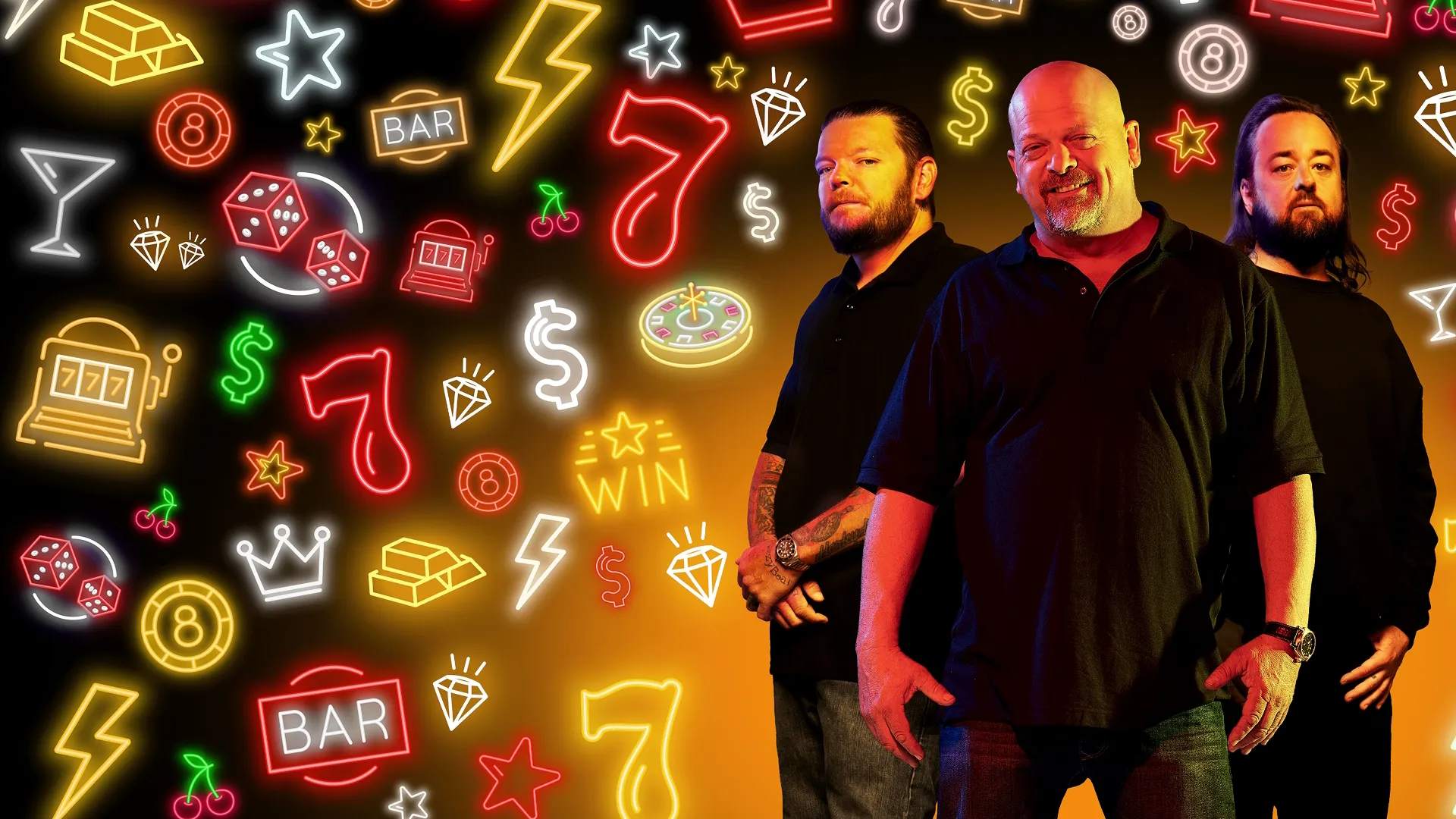 An official promotional cast poster for Pawn Stars, featuring Corey Harrison, Rick Harrison, and Chumlee standing together against a vibrant background packed with glowing neon casino and gambling icons.