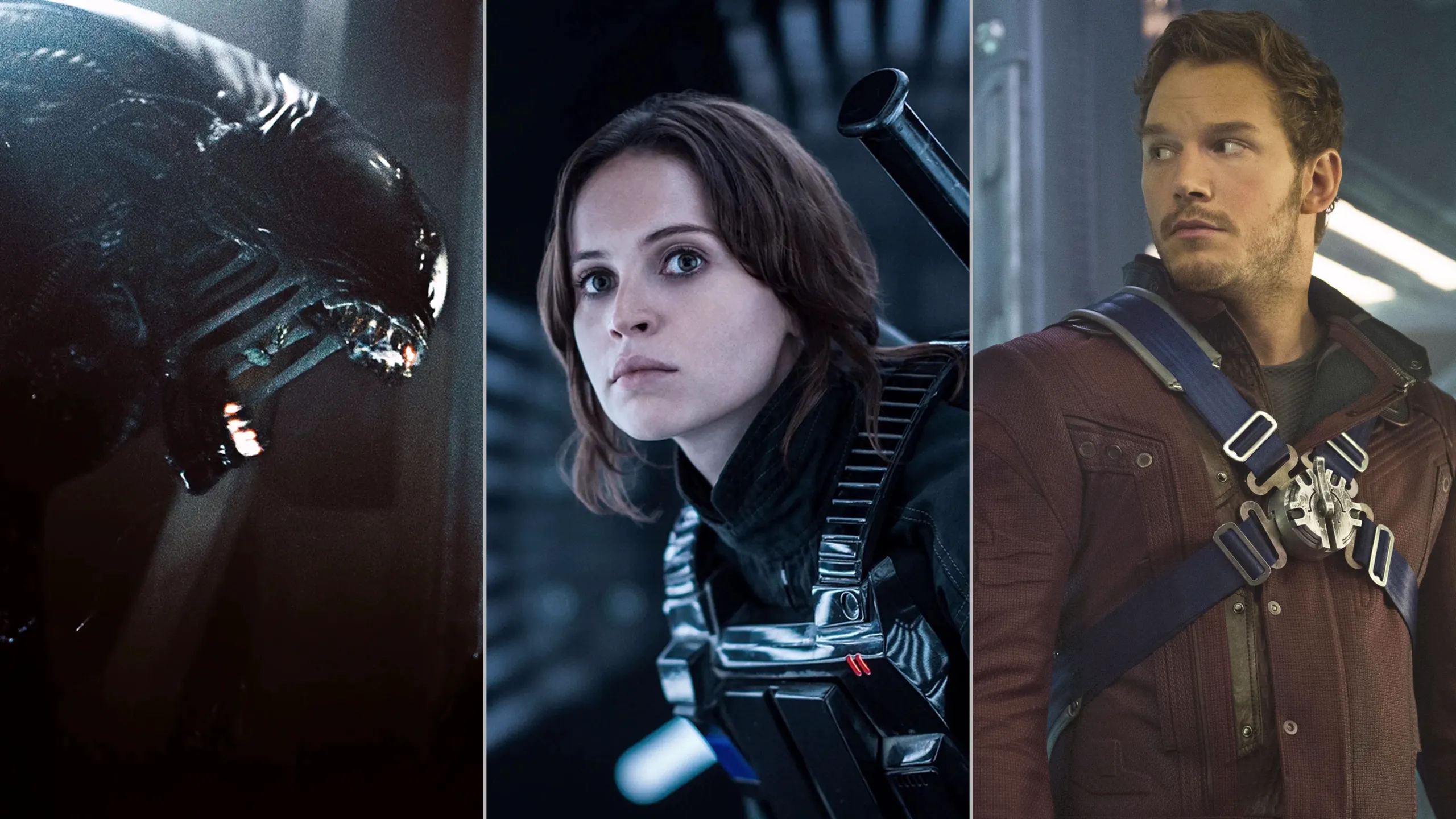 Images from Alien: Romulus, Rogue One: A Star Wars Story and Guardians of the Galaxy which are featured in the Watch Guide..