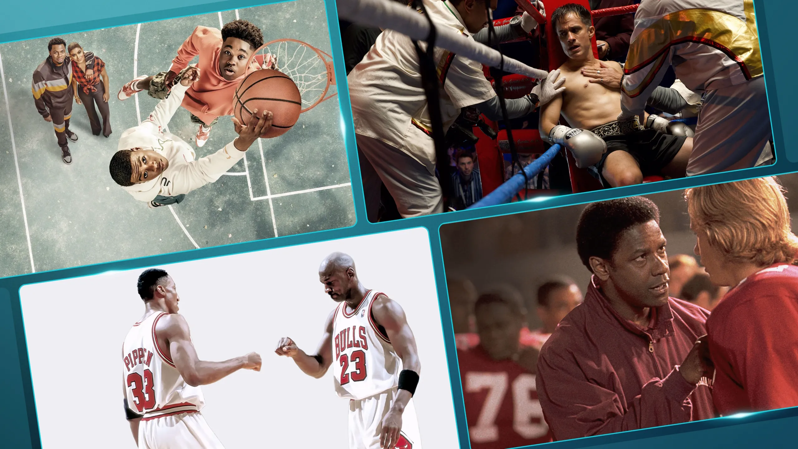 Images from Bananaland, Remember the Titans, The Last Dance, and La Máquina