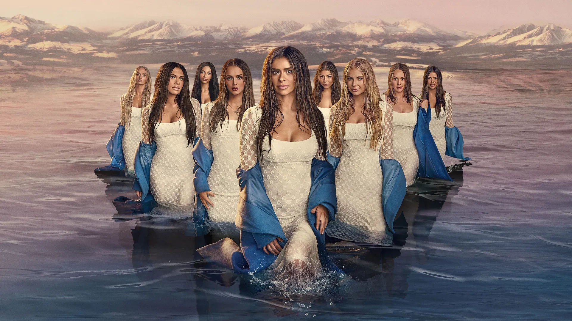 The cast of The Secret Lives of Mormon Wives posed in front of stained-glass windows inside a church