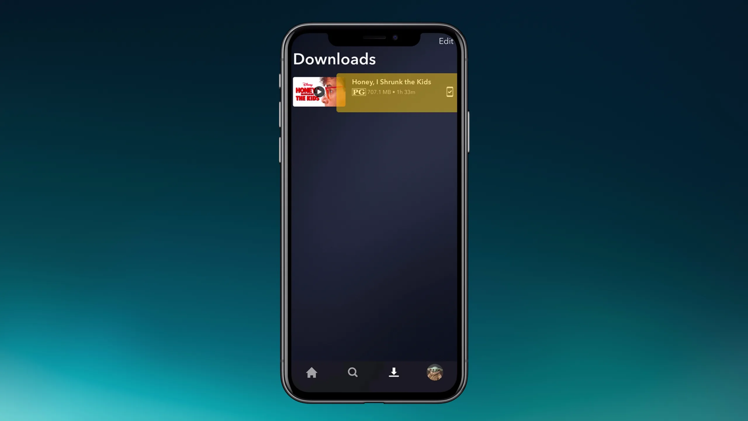 A screenshot of the Downloads page in the Disney+ app, showing Honey, I Shrunk the Kids as a downloaded movie.