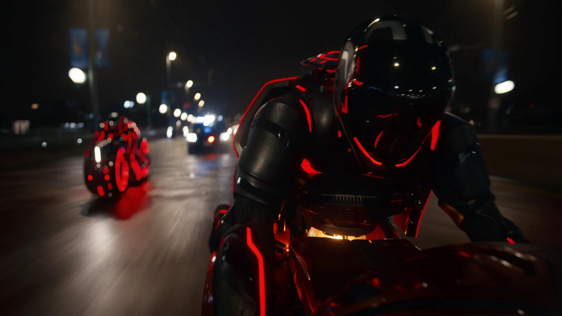 Characters riding red-streaked light-cycles in Tron: Ares.