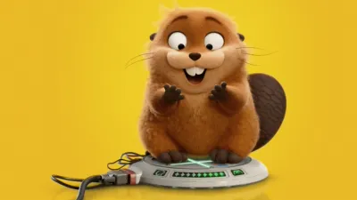 Mabel (turned into a beaver) standing on a mind hopping device.