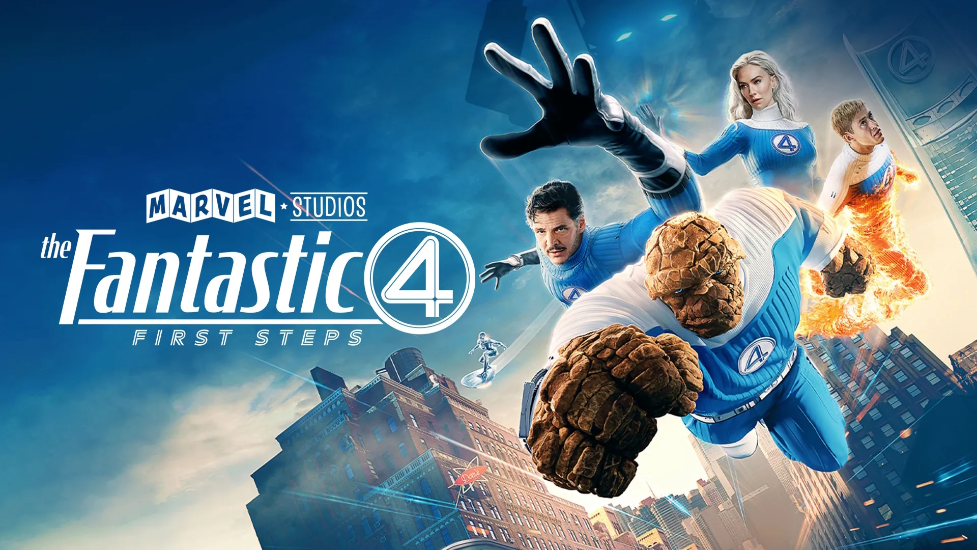 A promotional image featuring The Fantastic Four: First Steps