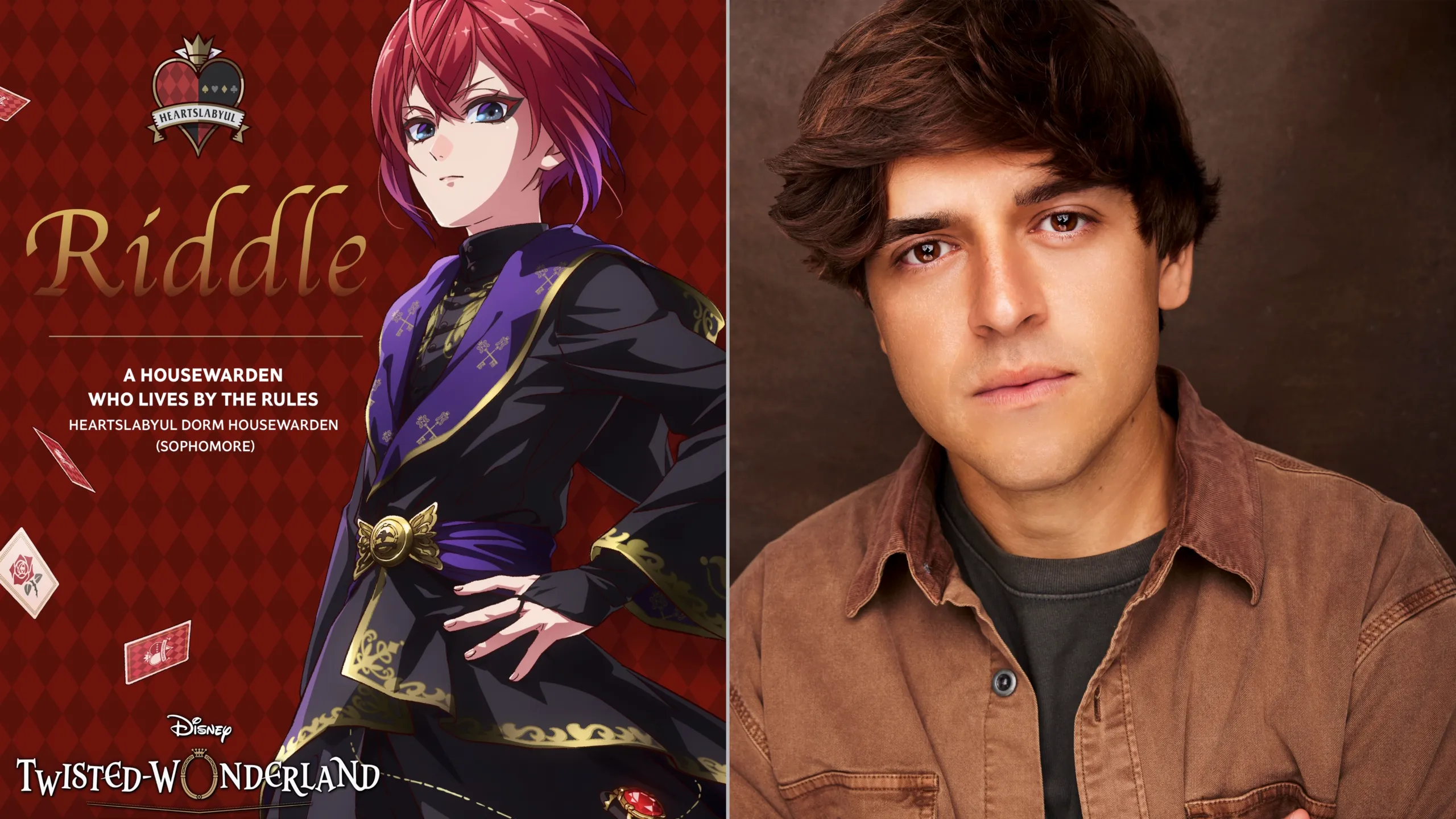 Riddle Rosehearts from the Japanese mobile game and anime series, Disney: Twisted-Wonderland and English VA Paul Castro Jr. 