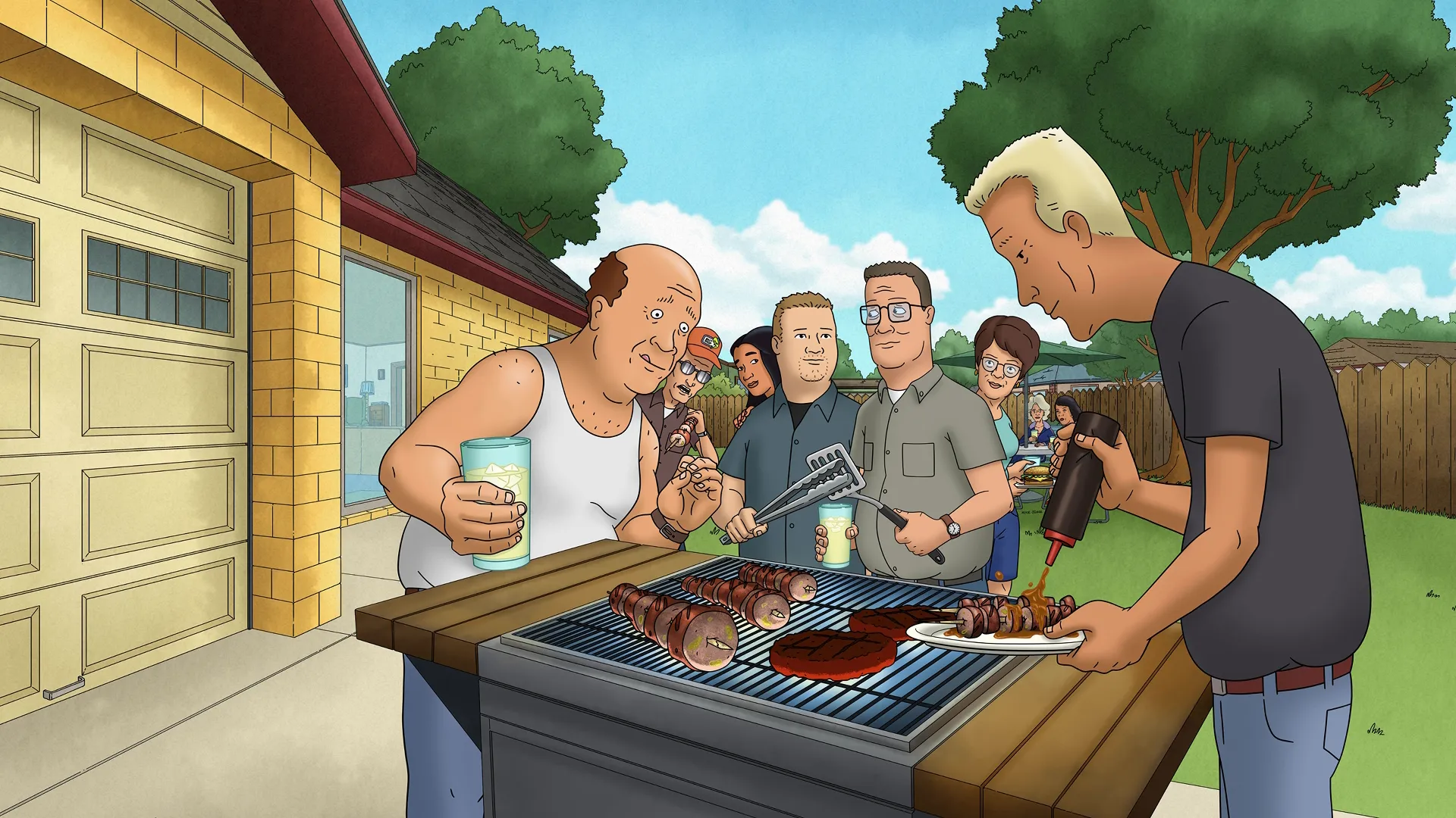 The Hills cooking at a barbeque in their garden in King of the Hill.