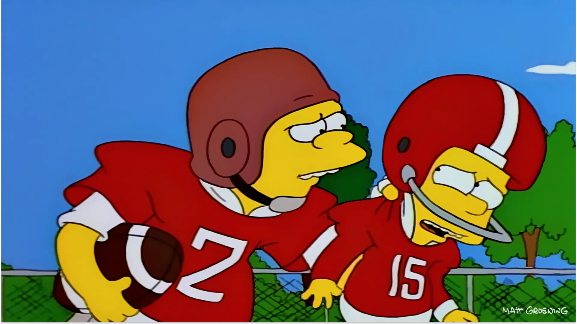 Nelson Muntz e Bart Simpson jogam futebol americano