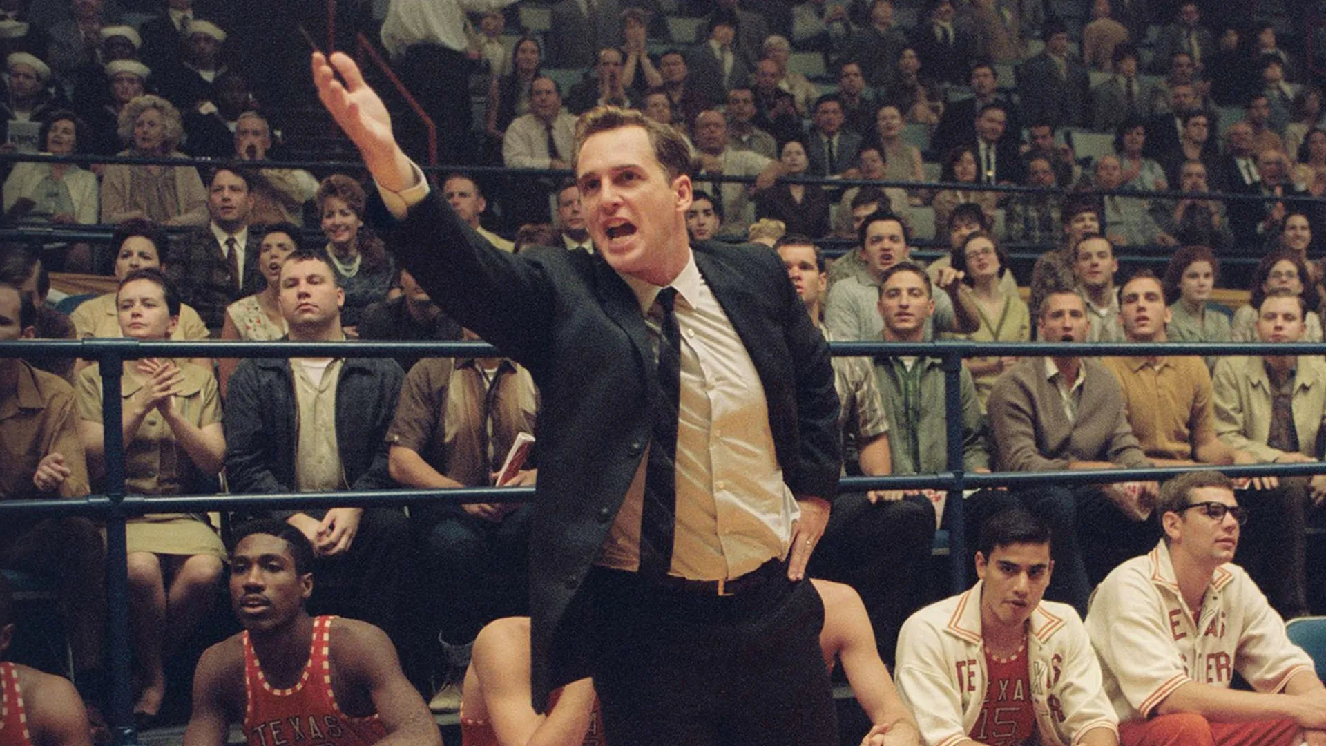 Coach Don Haskins gestures to his team from the sidelines in Glory Road.