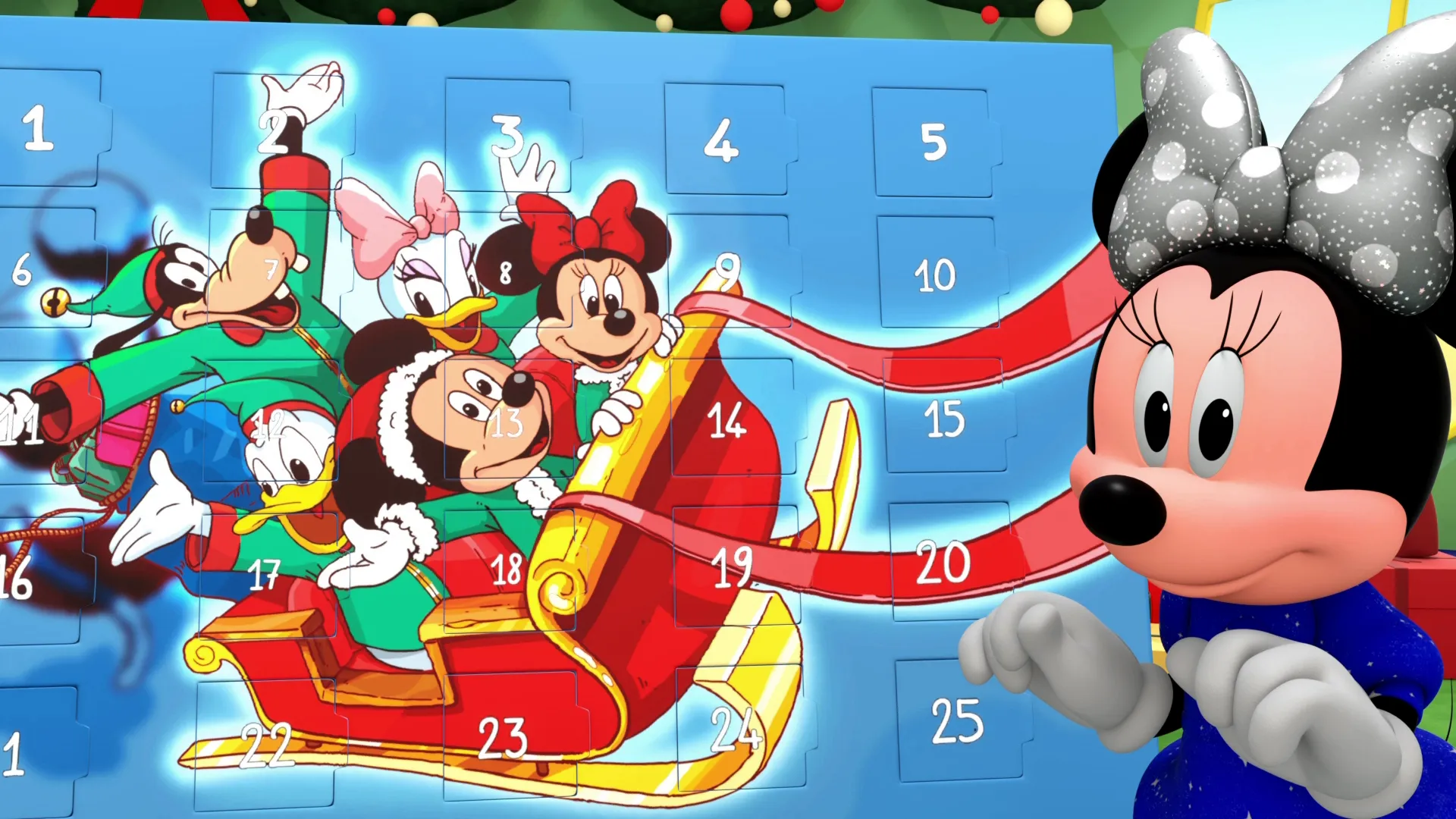 Minnie stands next to an advent calendar decorated with Me & Mickey characters