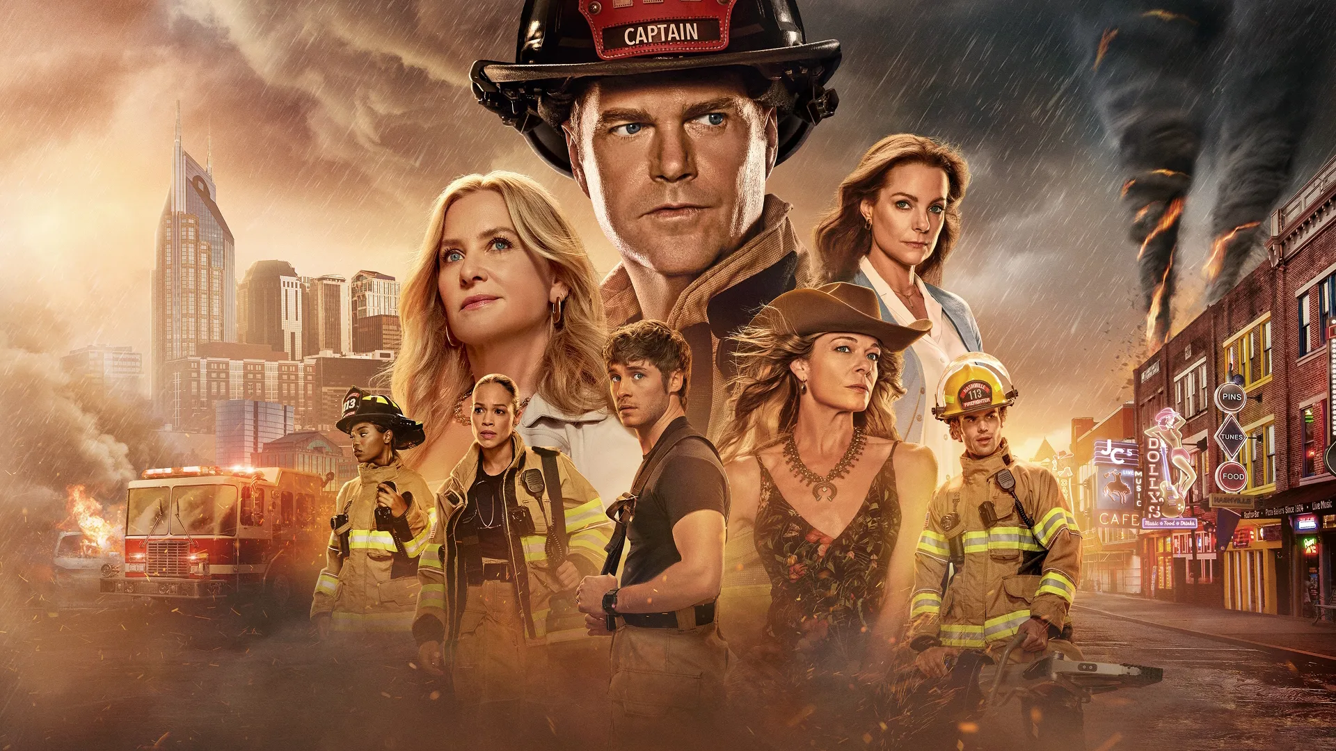 Chris O’Donnell as Captain Don Sharpe with the cast of 9-1-1: Nashville