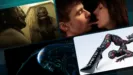 A collage of four stylized film stills and artistic images, featuring a masked character in a bathroom mirror, an intimate close-up of two people, a Xenomorph from the Alien franchise looking down at Earth, and a person posing in a lace bodysuit and patent leather platform boots.