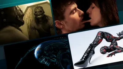 A collage of four stylized film stills and artistic images, featuring a masked character in a bathroom mirror, an intimate close-up of two people, a Xenomorph from the Alien franchise looking down at Earth, and a person posing in a lace bodysuit and patent leather platform boots.