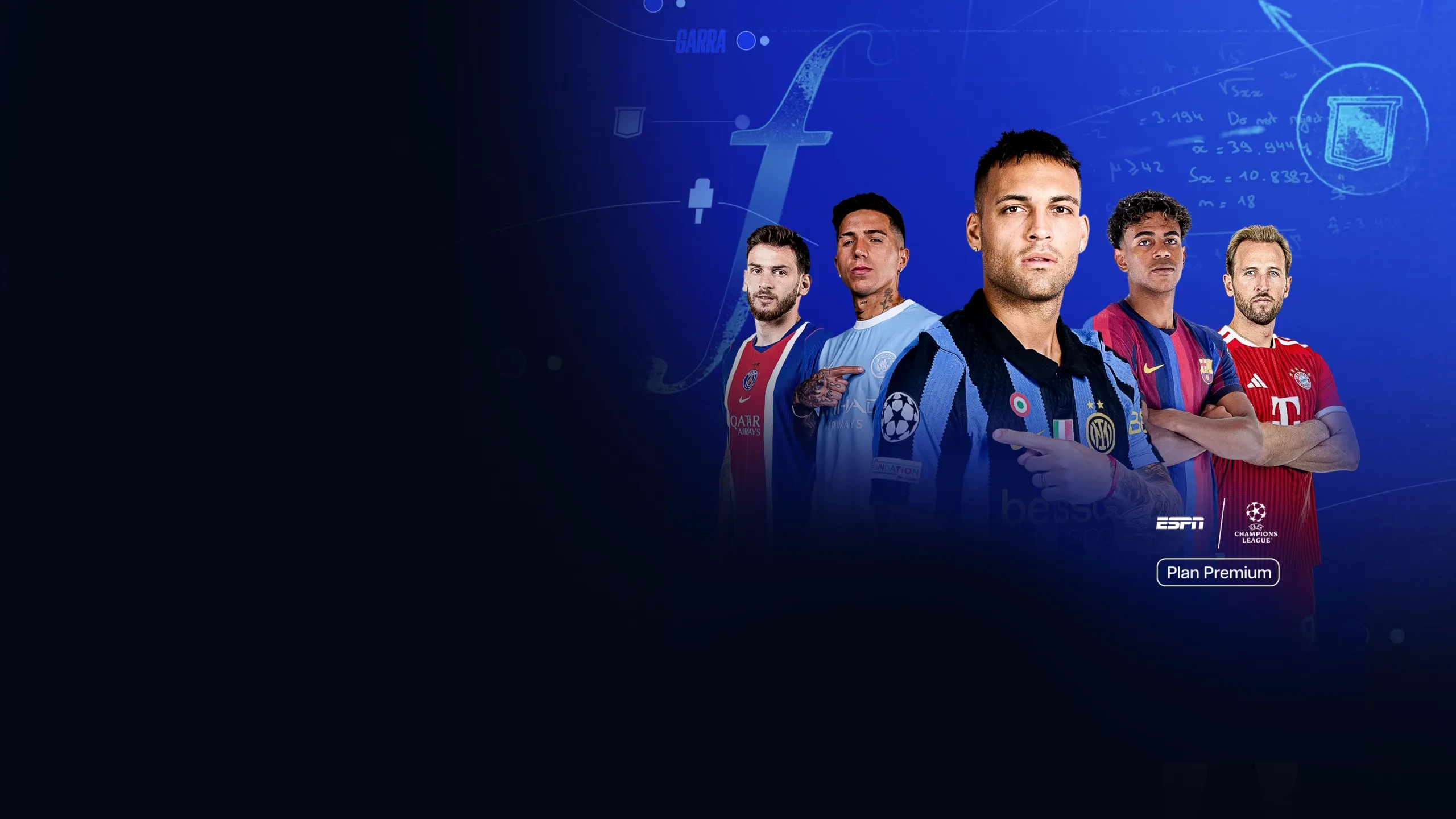 Cinco futbolistas con camisetas del PSG, Manchester City, Bayern Múnich, Barcelona e Inter de Milán sobre un fondo azul de la UEFA Champions League, con los logotipos de ESPN y Plan Premium.