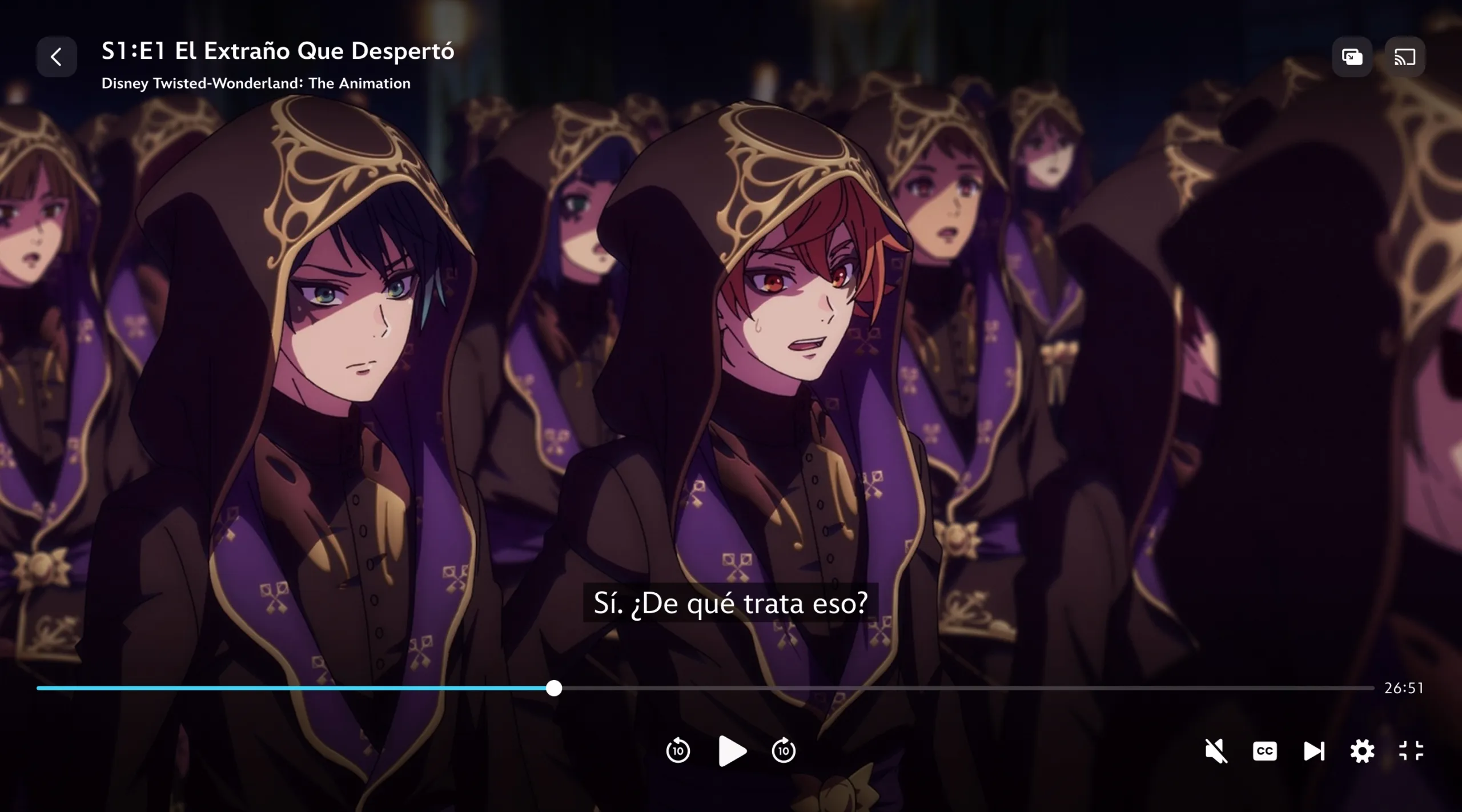 Una escena de Disney Twisted-Wonderland: La serie con subtítulos en inglés.