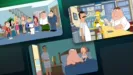 A collage of images from three crossover epsiodes: The Family Guy characters with the American Dad! characters in the Smith's house, Peter Griffin, Homer Simpson, and Bob Belcher in Bob's restaurant, and Hank Hill in Peter and Lois Griffins bedroom