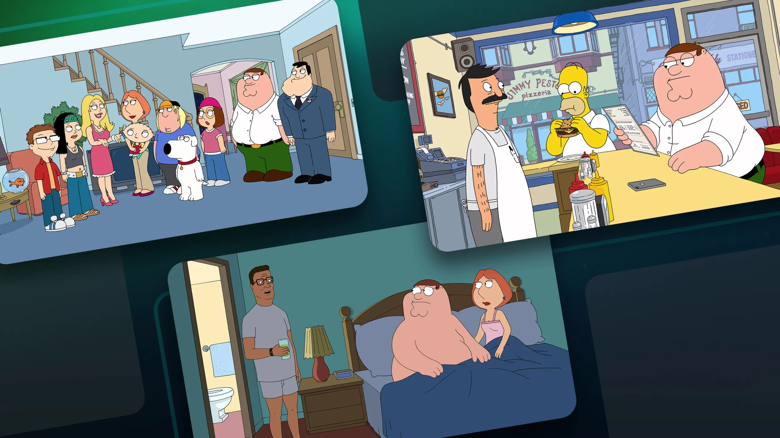 colagem de imagens de três episódios crossover: os personagens de *Family Guy* com os deAmerican Dad! na casa da família Smith; Peter Griffin, Homer Simpson e Bob Belcher no restaurante do Bob; e Hank Hill no quarto de Peter e Lois Griffin.