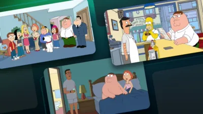 A collage of images from three crossover epsiodes: The Family Guy characters with the American Dad! characters in the Smith's house, Peter Griffin, Homer Simpson, and Bob Belcher in Bob's restaurant, and Hank Hill in Peter and Lois Griffins bedroom
