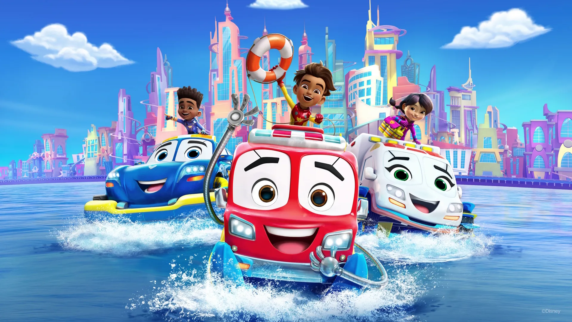 The Firebuds crew celebrate together with their vehicles.