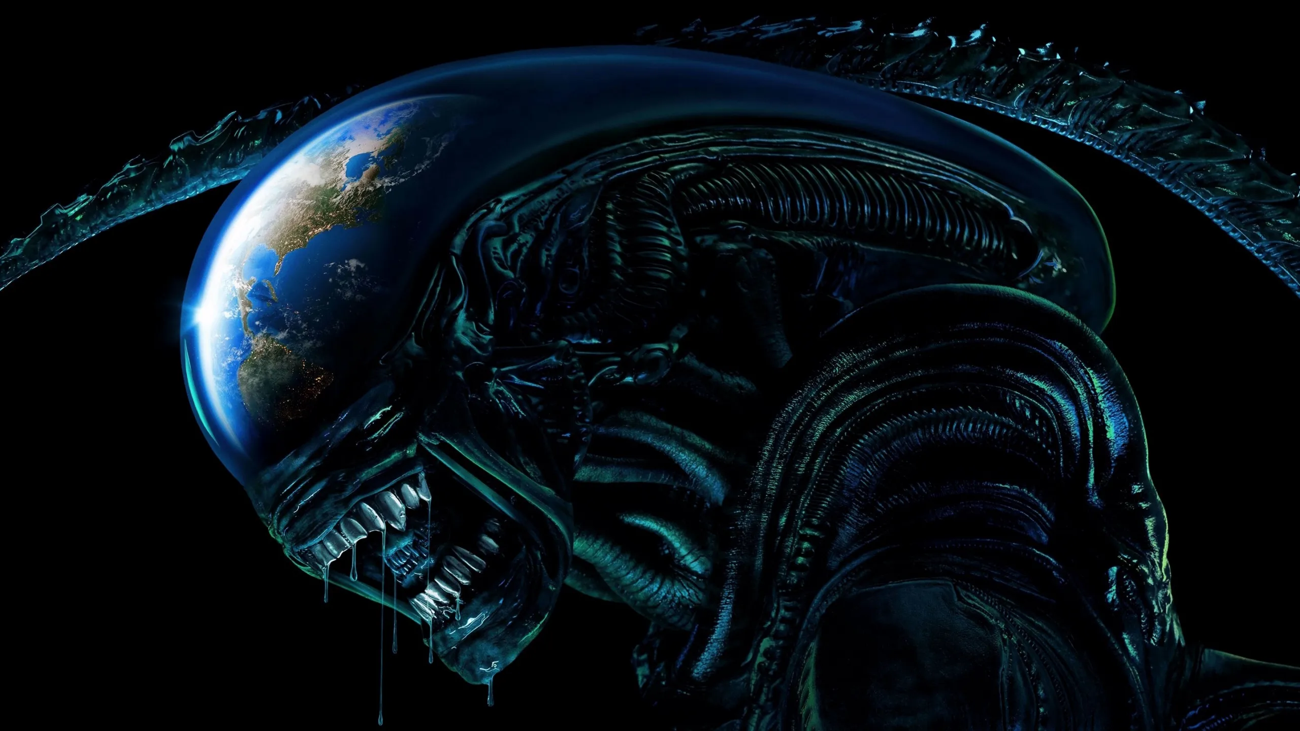 An image featuring the iconic, translucent-domed head of a Xenomorph overlayed over Earth