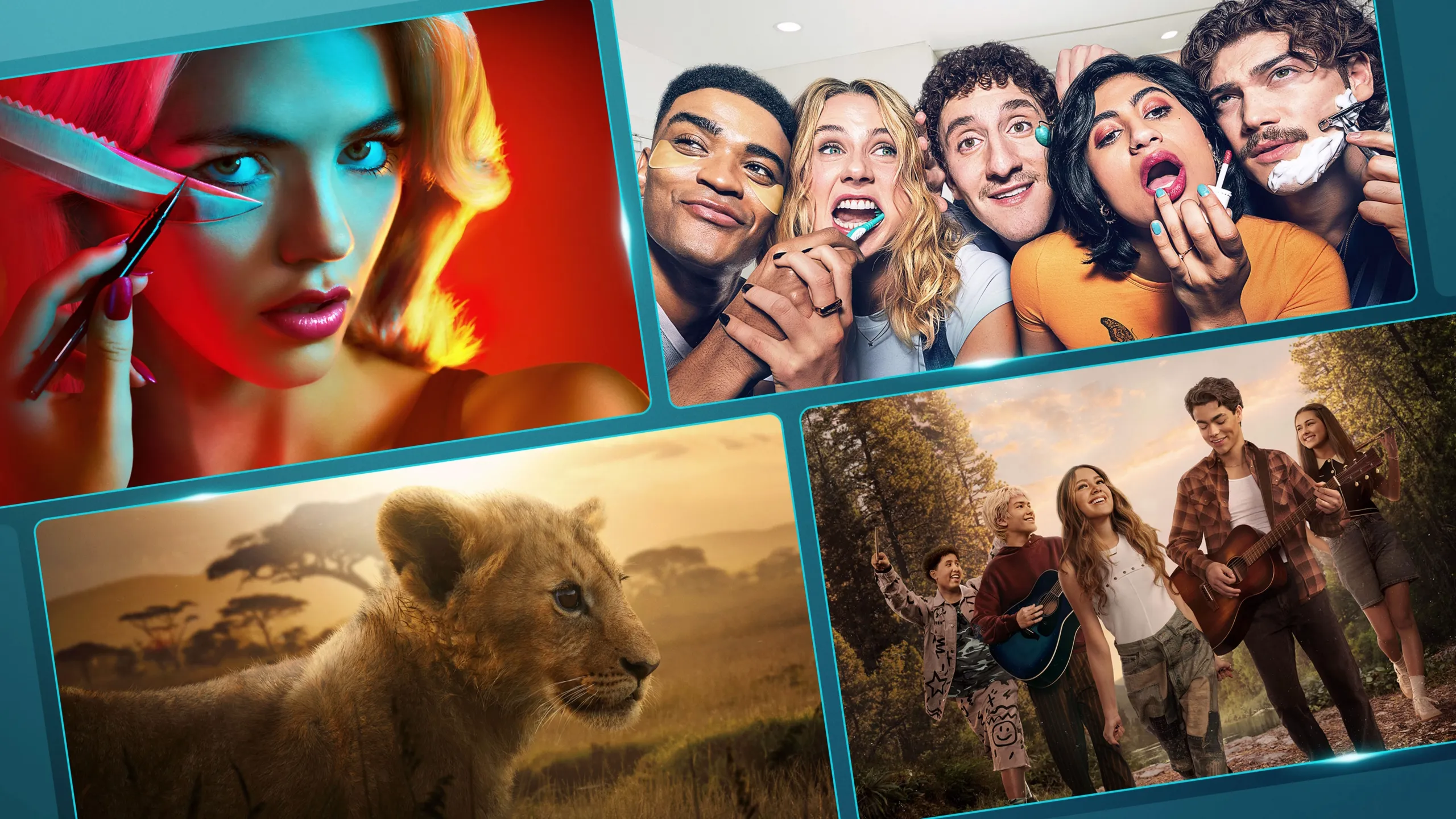 A grid of streaming platform tiles features promotional artwork for various television shows and films, including FX's The Shards, FX's Adults, National Geographic's Lion and Camp Rock 3.