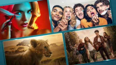 A grid of streaming platform tiles features promotional artwork for various television shows and films, including FX's The Shards, FX's Adults, National Geographic's Lion and Camp Rock 3.