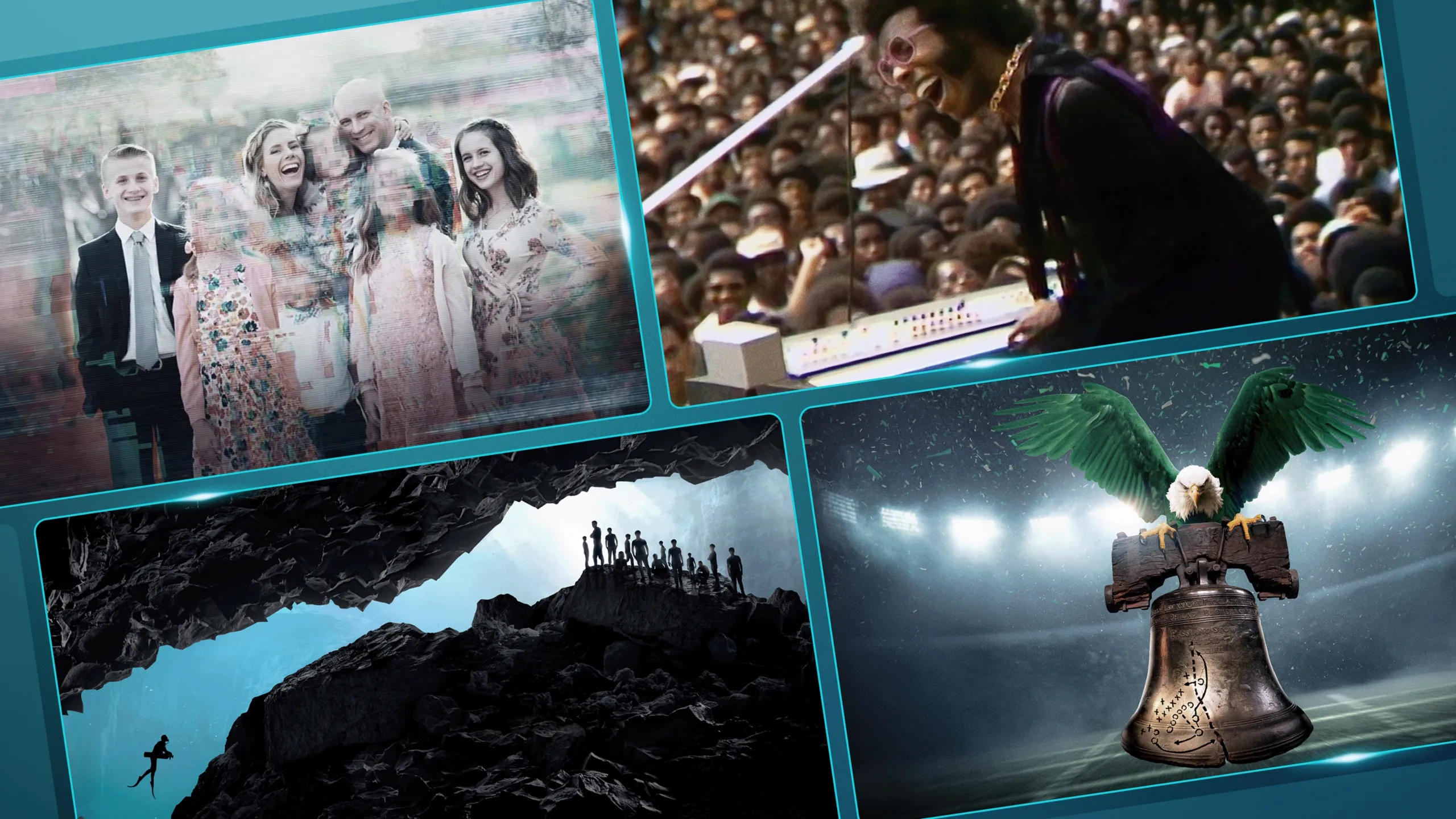 A collage of images from Devil in the Family: The Fall of Ruby Franke, Summer of Soul, The Rescue, and 30 for 30: The Philly Special