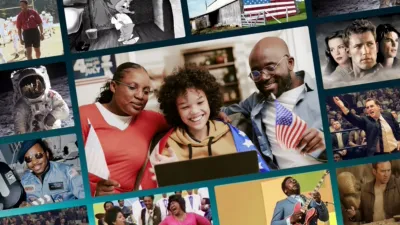 An image of a man, woman, and a child in front of a laptop, holding American flags. The central image is surrounded by images from the movies in this Watch Guide