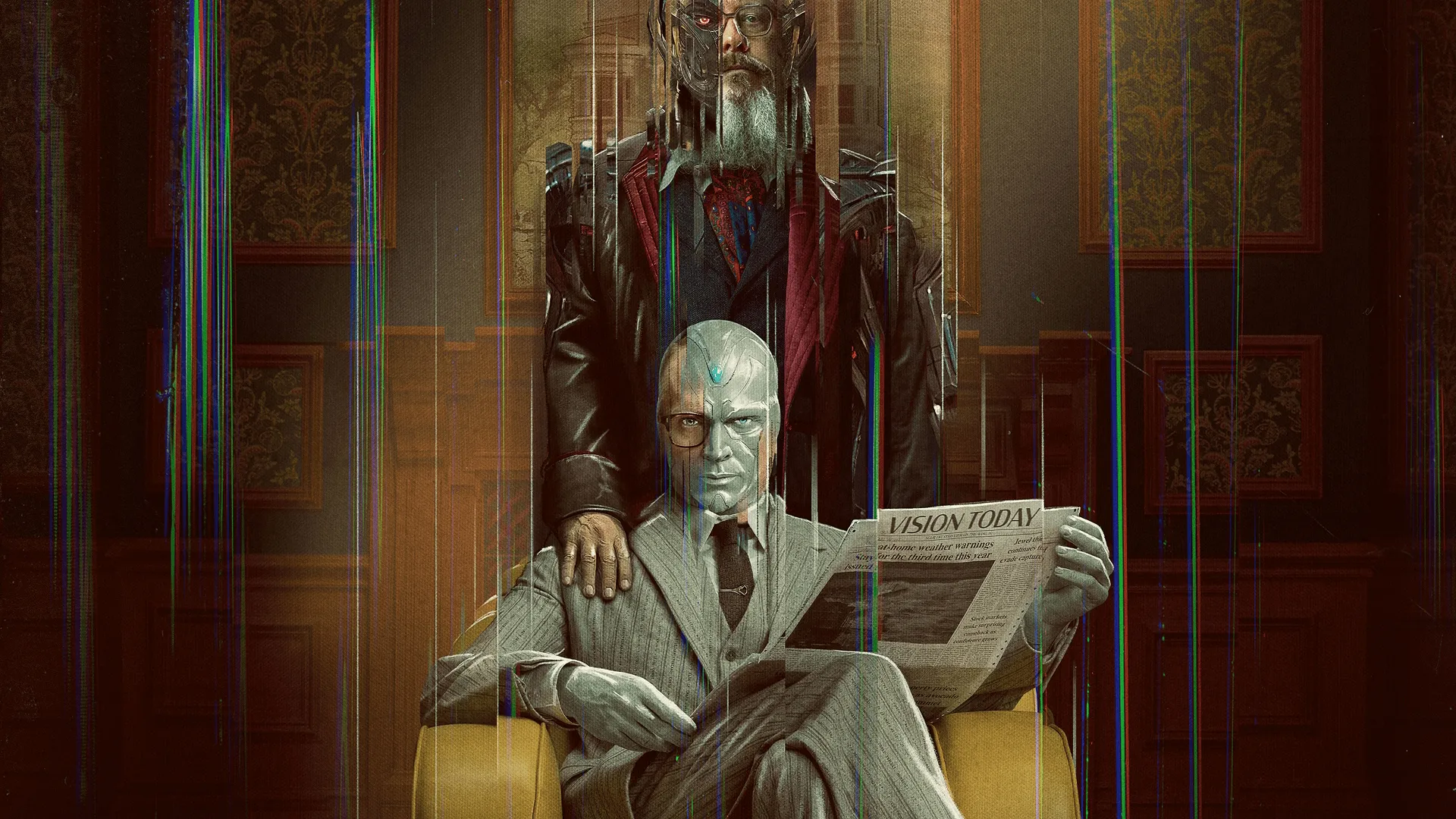 Official VisionQuest character poster featuring Vision reading a newspaper with Ultron standing behind him amid digital glitch effects.