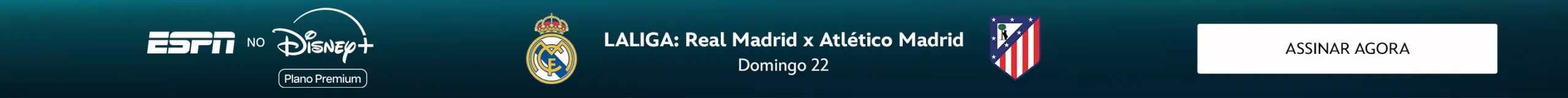 ESPN NO Disney+ Plano Premium. LALIGA: Real Madrid and Atlético Madrid. Domingo 22. SAIBA MAIS.