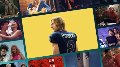 A collage of movie and TV show posters featuring Glen Powell in a blue football uniform for the series "Chad Powers" as the central focus, surrounded by snippets of Spider-Man, Beauty and the Beast, and Loki.