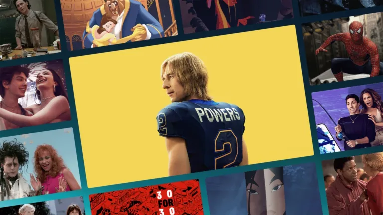 A collage of movie and TV show posters featuring Glen Powell in a blue football uniform for the series "Chad Powers" as the central focus, surrounded by snippets of Spider-Man, Beauty and the Beast, and Loki.