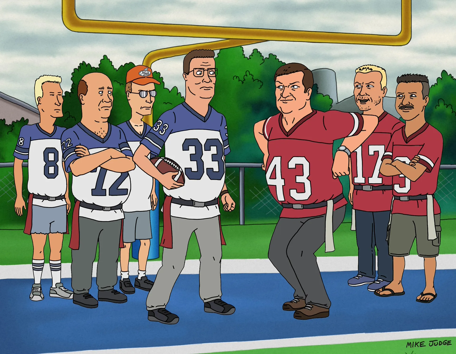 Hank Hill and friends playing football in the endzone, from Season 14 of King of the Hill.
