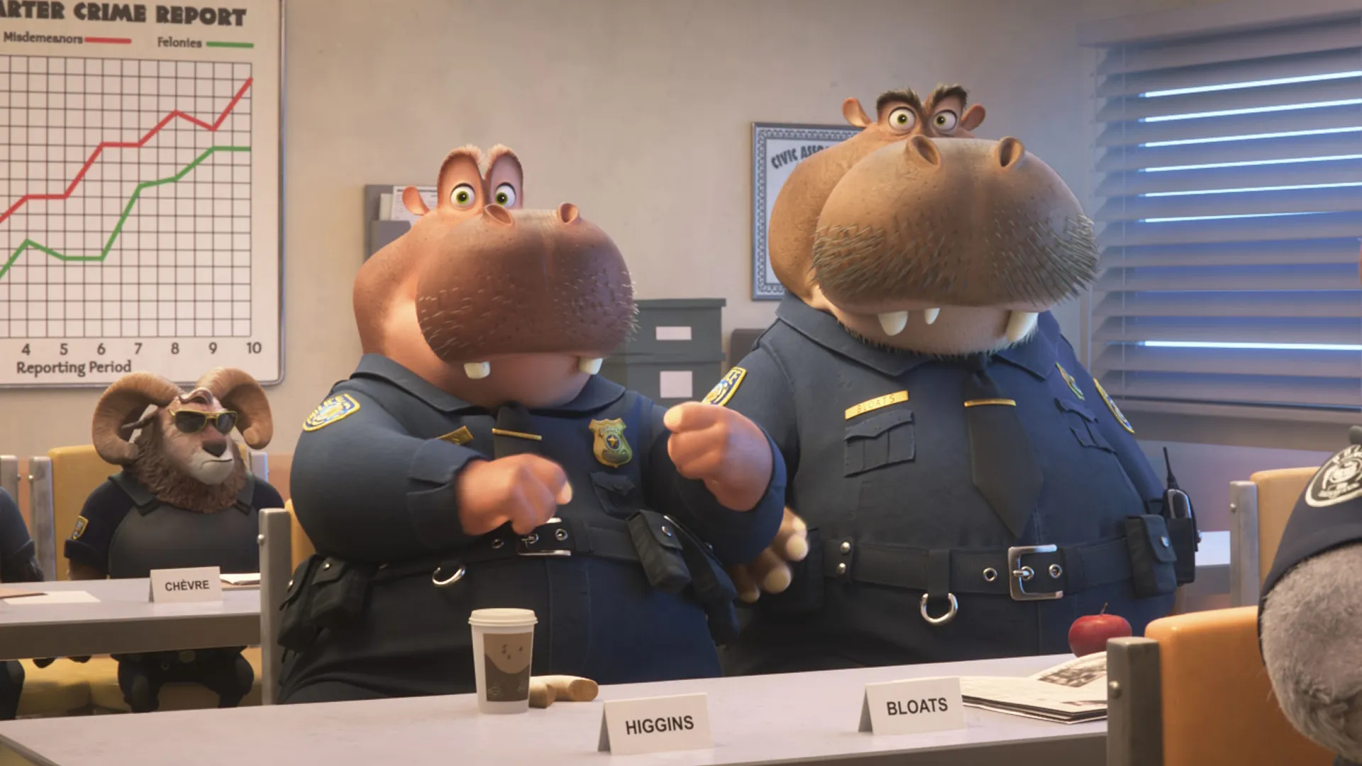 This scene is from the animated film Zootopia 2, showcasing a meeting within the Zootopia Police Department. 