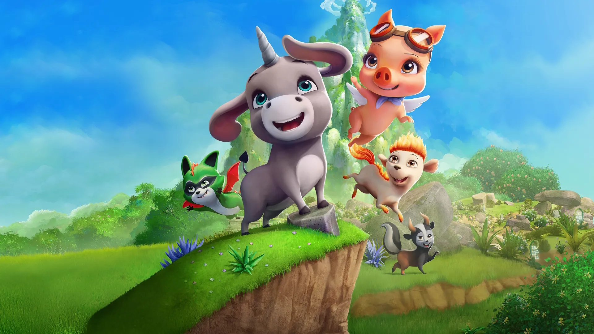 This image features the characters from the Disney Junior series Magicampers, including Darly the pig-Pegasus and Loomis the donkey-unicorn