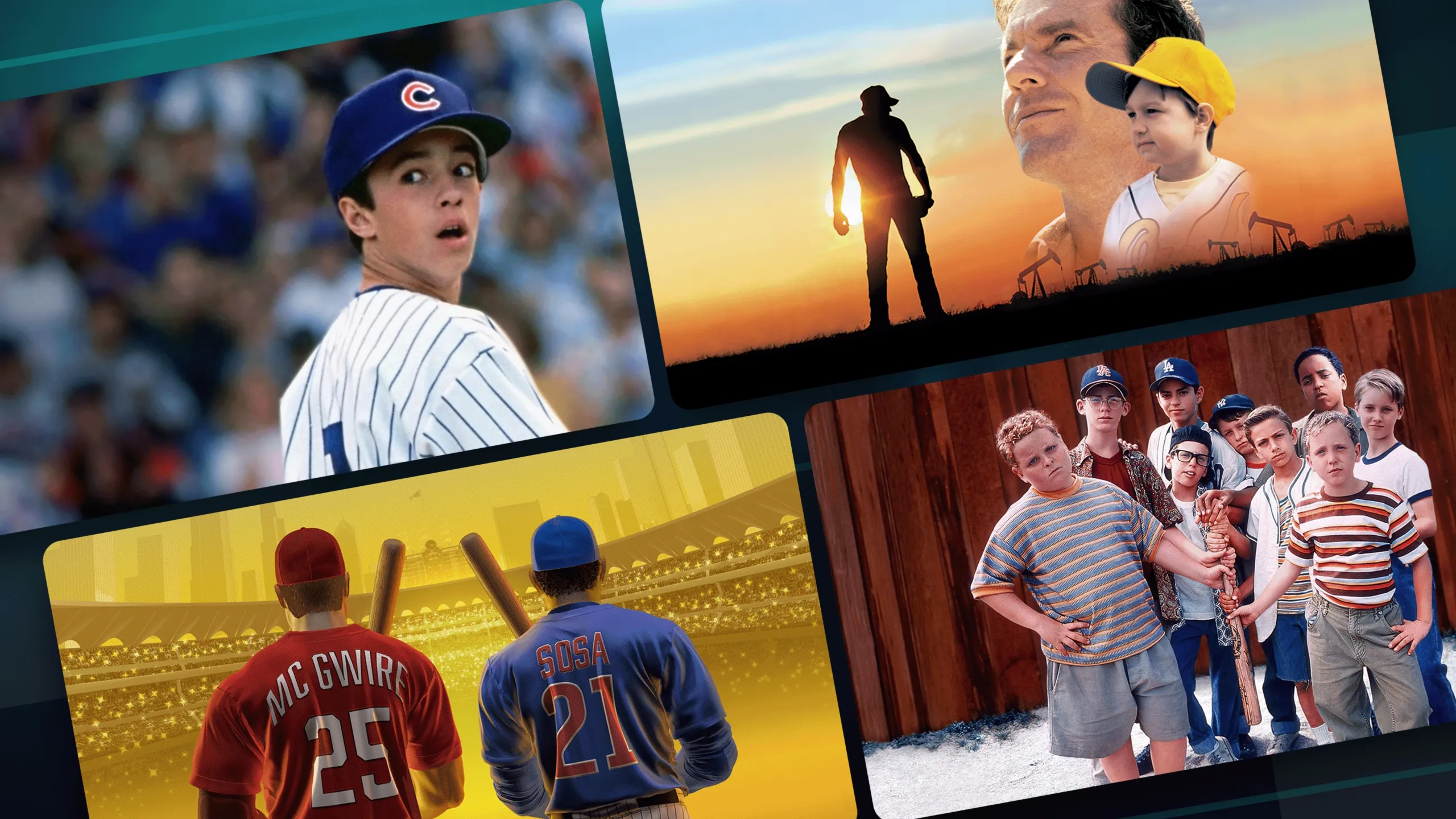 Four tile promo grid showcasing featured Baseball titles on Disney+ including Rookie of the Year, Bananaland, How To Play Baseball, and 30 for 30's Four Days's in October.