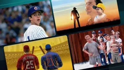 Four tile promo grid showcasing featured Baseball titles on Disney+ including Rookie of the Year, The Rookie, Goofy: How To Play Baseball, and 30 for 30's Four Days's in October.