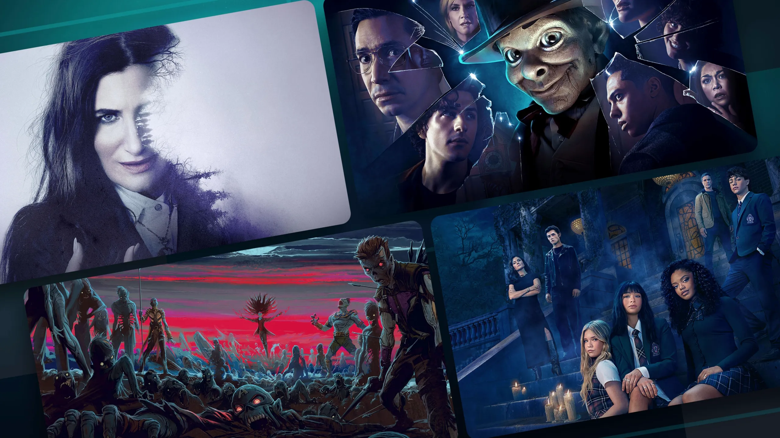 Best Halloween Shows On Disney+ For Halloween 2026 | Collage of images from featured shows including Agatha All Along, Coven Academy, Marvel Zombies and Goosebumps.