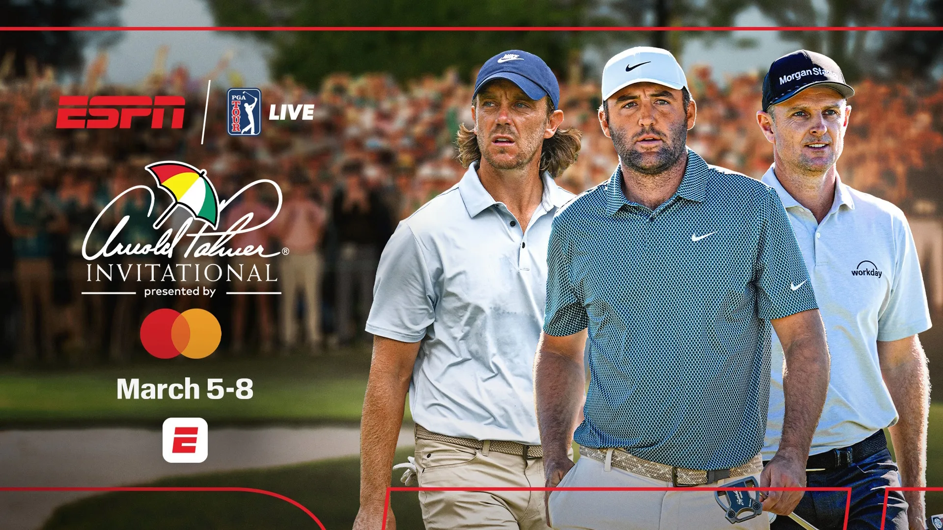 Tommy Fleetwood, Scottie Scheffler, Justin Rose on a promotional image for the Arnold Palmer Invitational 