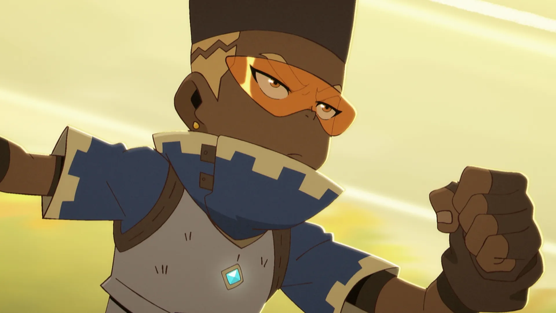An anime character with a high-top fade haircut and yellow-tinted goggles leans forward dynamically in a fighting stance with a raised fist against a bright, warm-toned sky.
