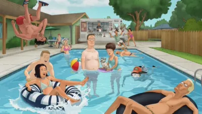 Hank stands in a backyard pool surrounded by his friends and neighbors in King of the Hill season 15.