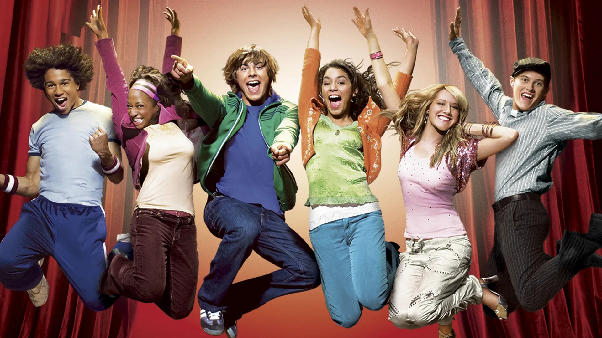 The main cast of High School Musical leap forward from the stage, including: Chad Danforth (Corbin Bleu,) Taylor McKessie (Monique Coleman,) Troy Bolton (Zac Efron,) Gabriella Montez (Vanessa Hudgens,) Sharpay Evans (Ashley Tisdale,) and Ryan Evans (Lucas Grabeel.)