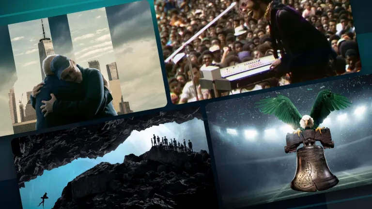 A collage of images from 9/11 Reunited, Summer of Soul, The Rescue, and 30 for 30: The Philly Special