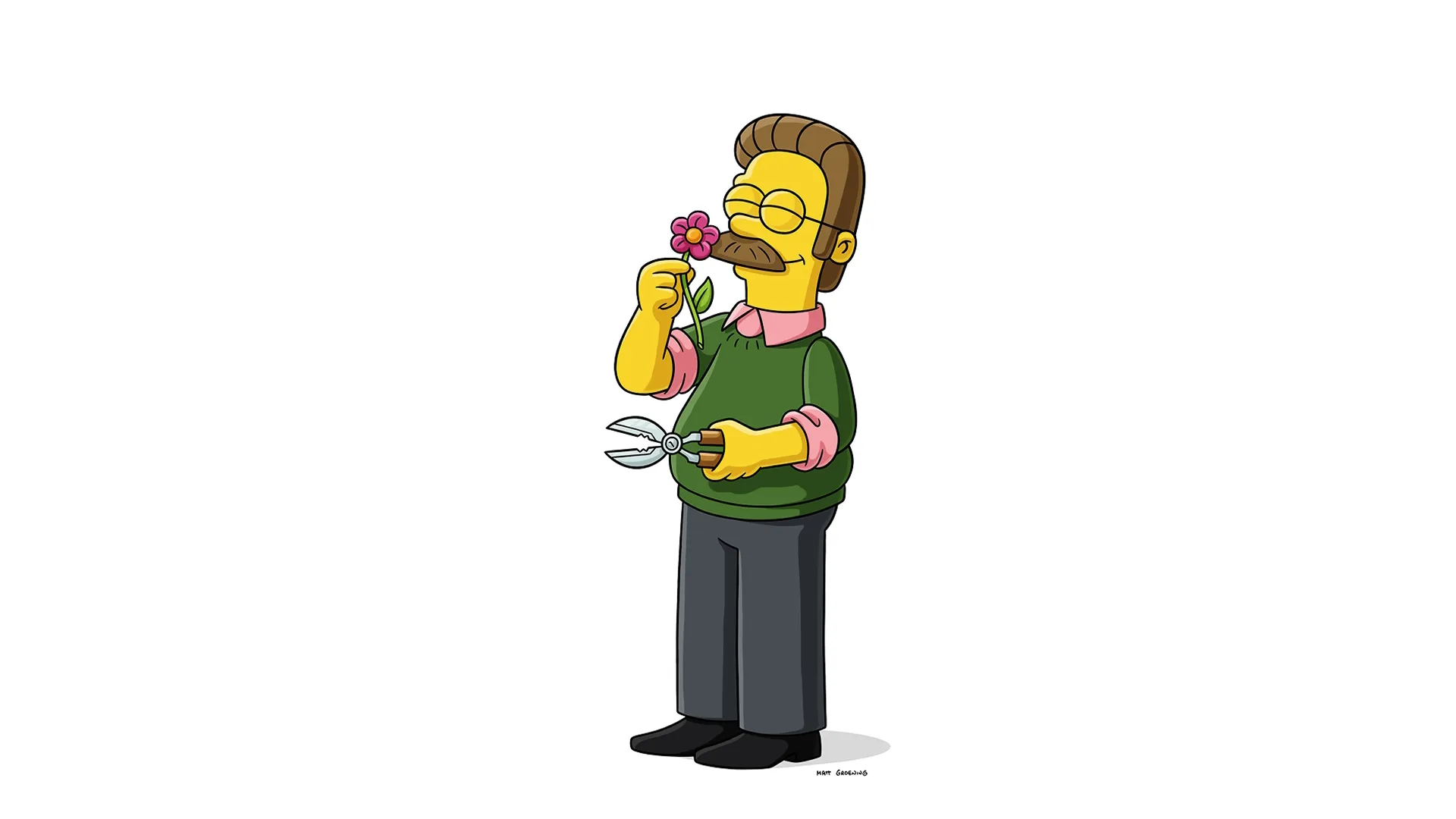 Imagem do personagem Ned Flanders, de Os Simpsons, com seu bigode característico e seus óculos. Ele está usando um suéter verde sobre uma camisa rosa com gola, segurando uma tesoura de poda enquanto cheira uma flor rosa.